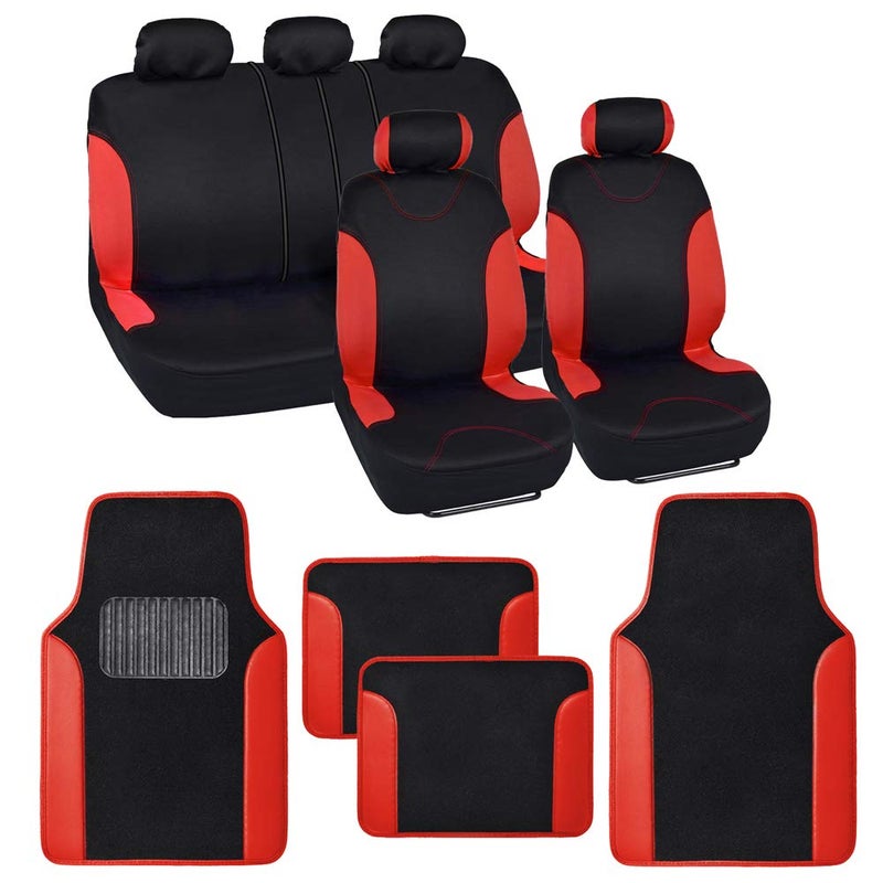 BDK Red Car Seat Covers with Matching Carpet Floor Mats for Cars Full Set - Front Universal Seat Covers & Back Bench Seat Cover with Automotive Floor Mats - Car, SUV, Truck, & Van Interior Protector - Image 1